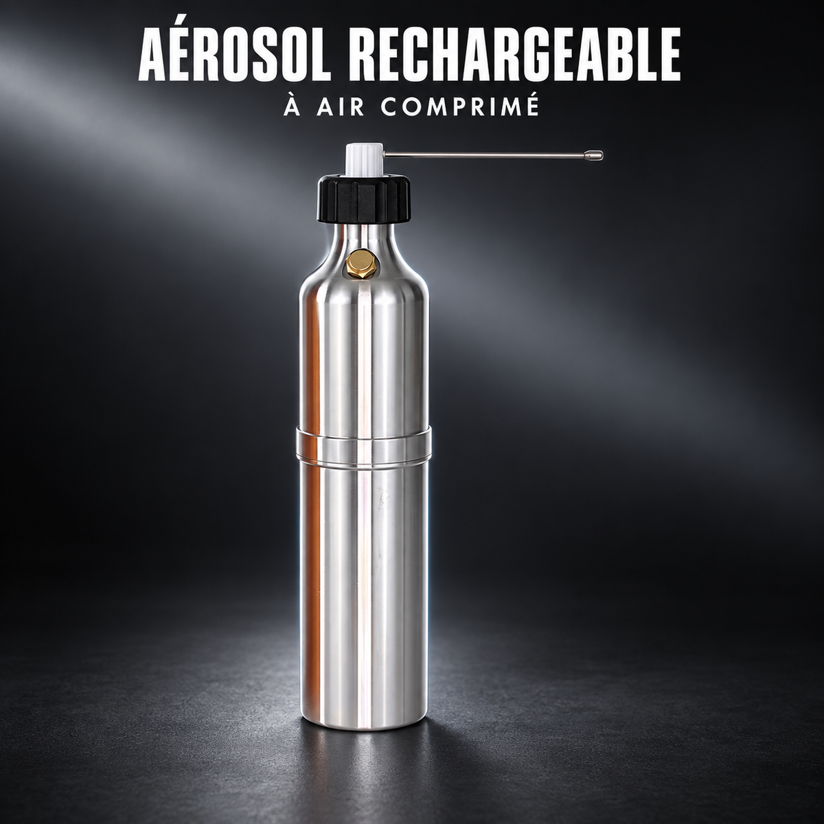 Aérosol rechargeable EcoClean® à air comprimé, réservoir aluminium 250 mL — présentation sur fond sombre