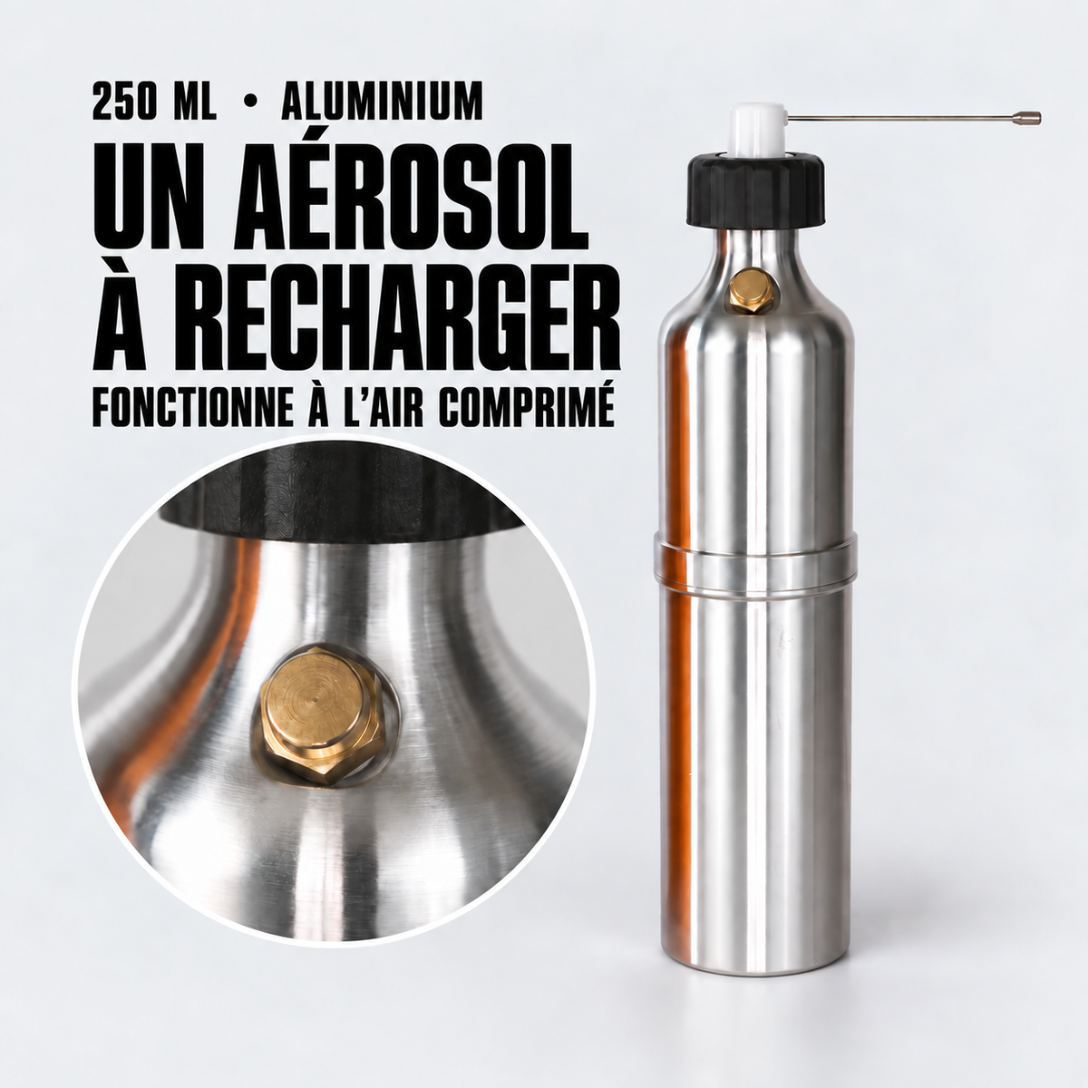 Aérosol rechargeable EcoClean® à air comprimé, réservoir aluminium 250 mL — détails du matériel