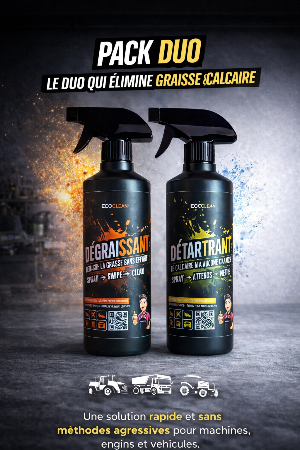 Pack Duo EcoClean® — dégraissant et détartrant 500 mL, protocole complet de nettoyage pro