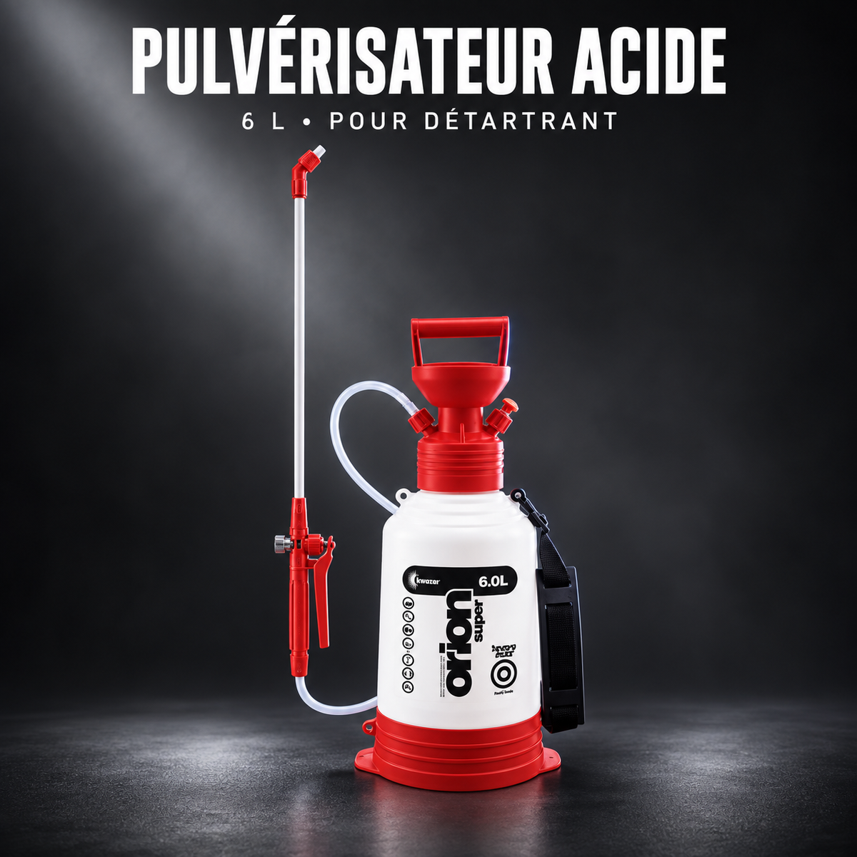 Pulvérisateur acide 6 L EcoClean® avec lance et tuyau — présentation sur fond sombre