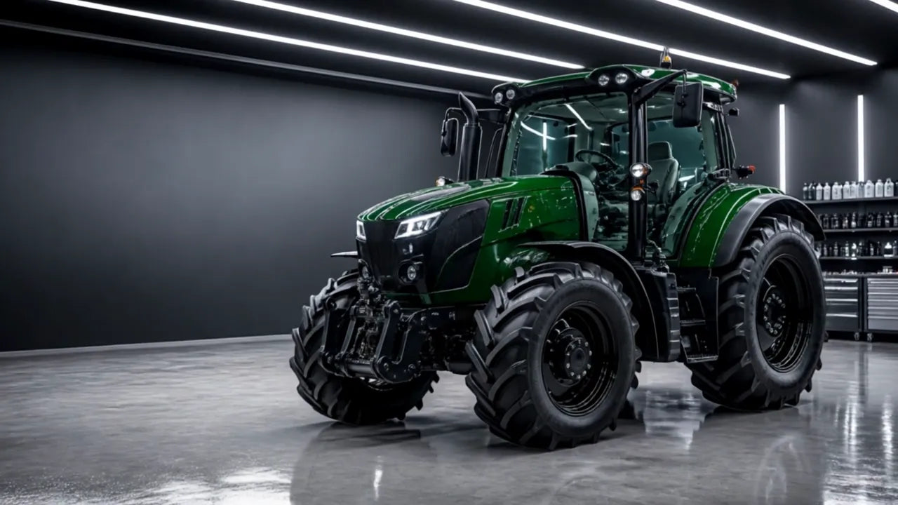 Tracteur rénové, peinture brillante, dans un atelier