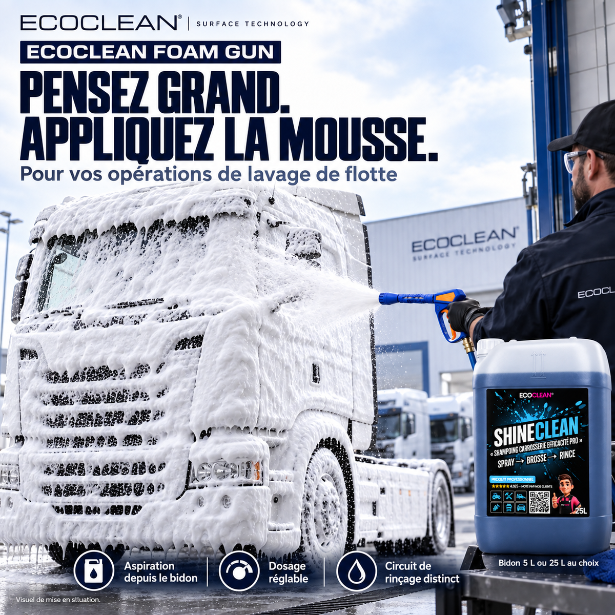 EcoClean Foam Gun avec ShineClean 25 L — mise en situation illustrative sur poids lourd, kit vendu séparément