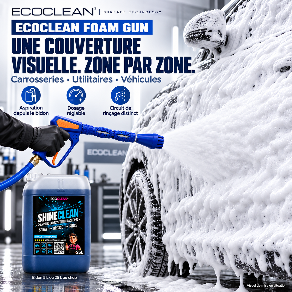 EcoClean Foam Gun avec ShineClean 25 L — mise en situation illustrative sur voiture, kit vendu séparément