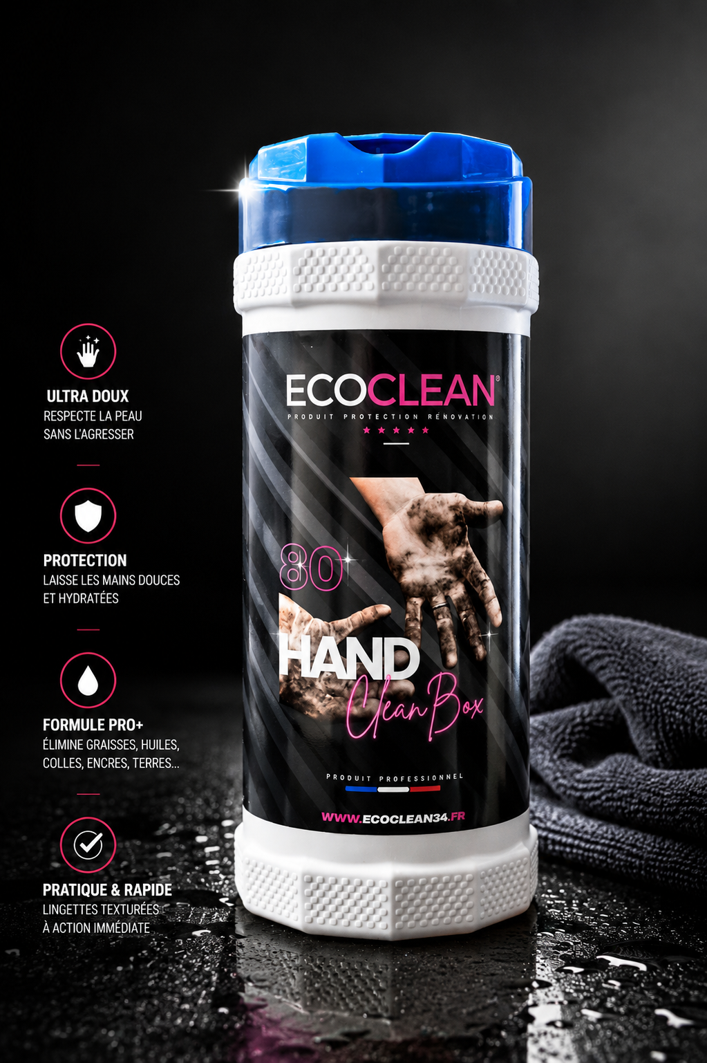 Handclean Box EcoClean® — boîte de 80 lingettes nettoyantes mains