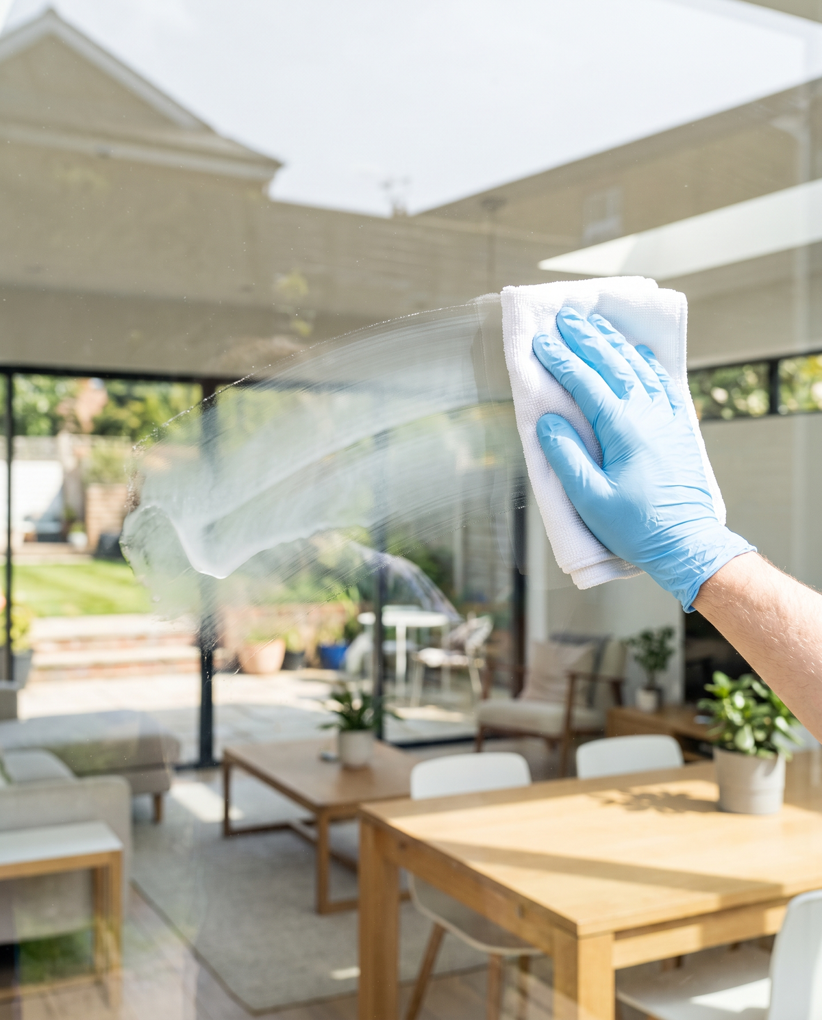 Application d'Ecoprotect® Glass au chiffon sur une baie vitrée — illustration
