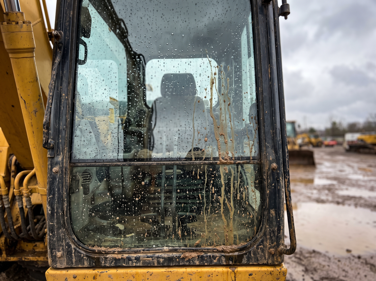 Ecoprotect® Glass — vitre de pelle sur chantier, l'eau et la boue glissent — illustration