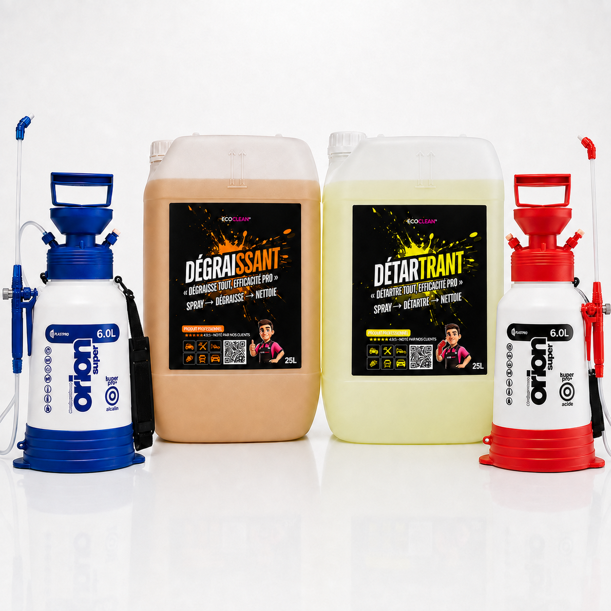 Pack Pro EcoClean 2x25L — Dégraissant + Détartrant + 2 pulvérisateurs 6L