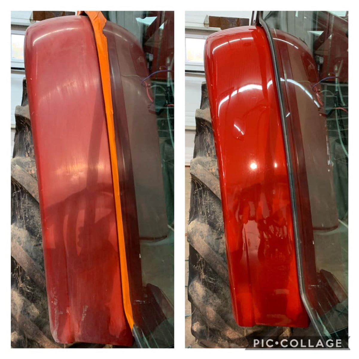 Garde-boue plastique Case IH — avant / après Ecoprotect® Rénovation, photo client