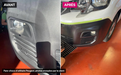 Pare-chocs avant d'utilitaire Peugeot, angle antibrouillard : avant / après Ecoprotect® Rénovation, photos envoyées par le client