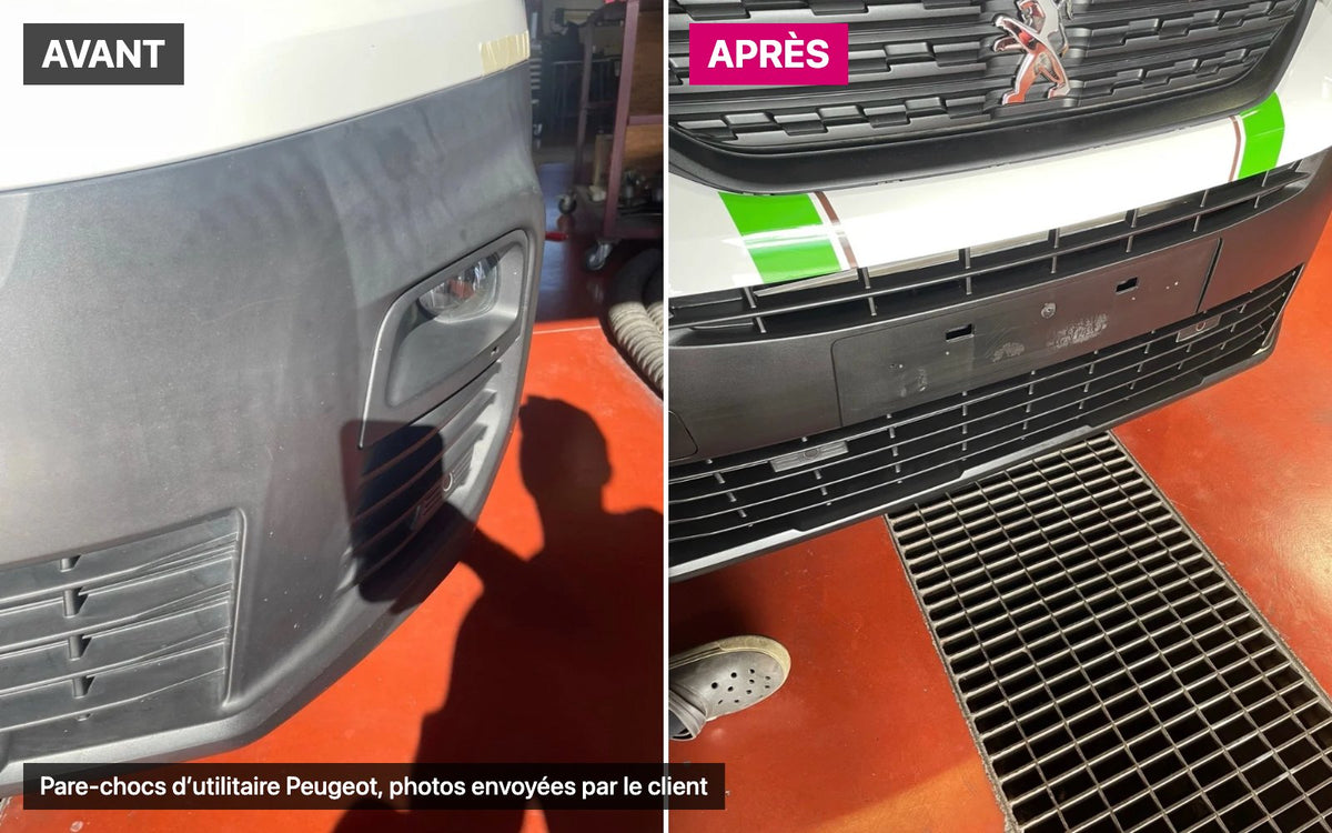 Pare-chocs avant d'utilitaire Peugeot : plastique gris avant, noir satiné après Ecoprotect® Rénovation, photos envoyées par le client