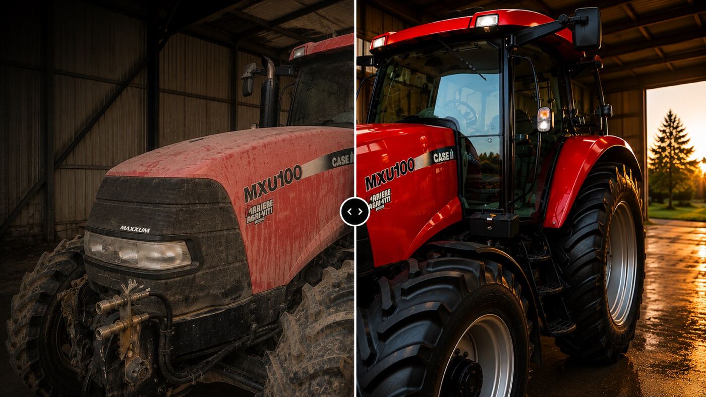 Case IH MXU100 — à gauche avant, à droite après Ecoprotect® Rénovation. Même tracteur, même jour.